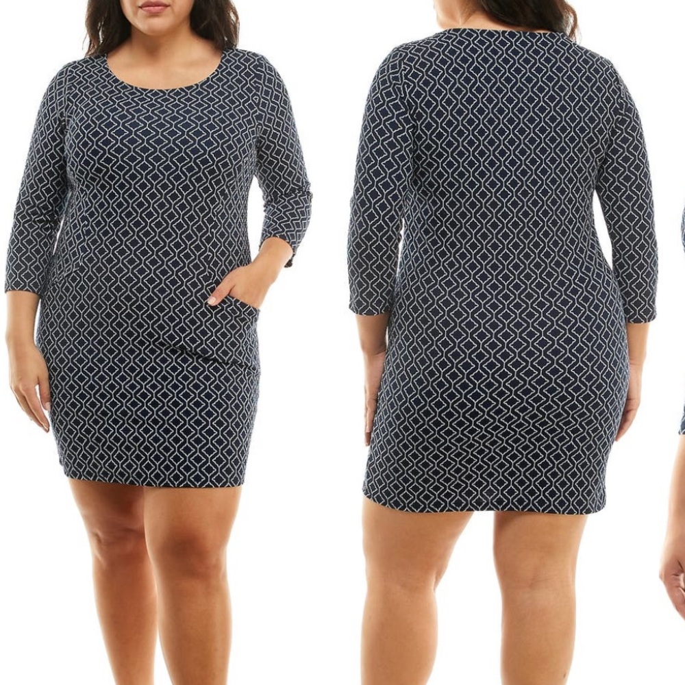 Nina Leonard Plaid Scoop Neck Jacquard Knit Sweater Dress Black White Plaid XL